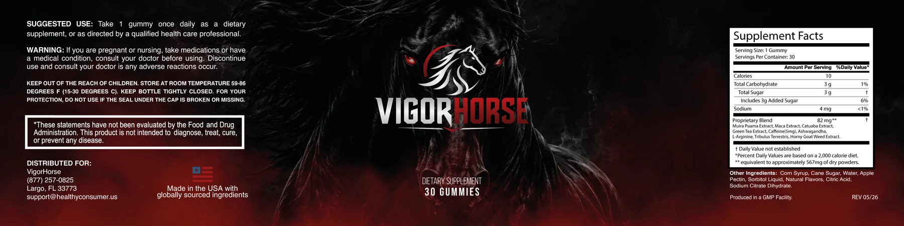The flat VigorHorse label artwork showing the Supplement Facts panel